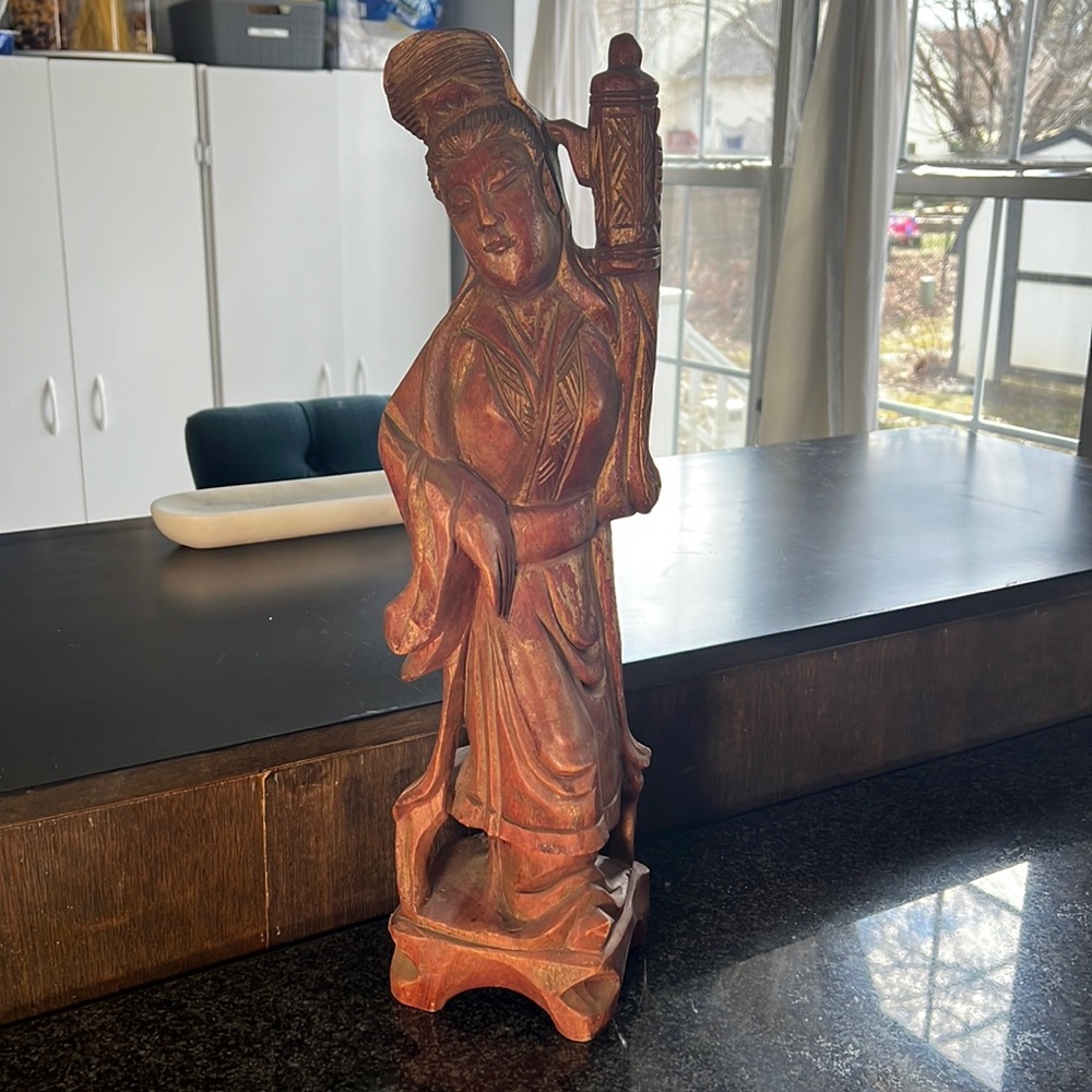 Japanese Hand Carved Mid Century Modern Wood Woman with Teapot Statue 20” x 6”